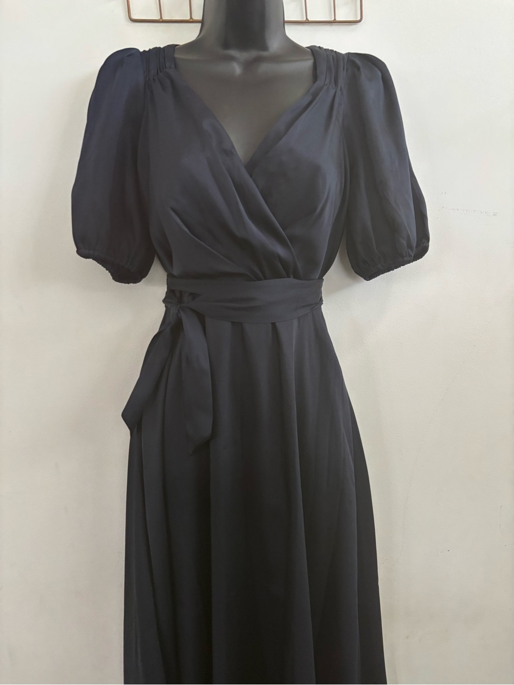 DKNY Midnight Navy Wrap Midi Dress with Puff Sleeves
